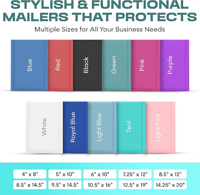 Teal Poly Bubble Mailers 7.25x12 inch #1 | Self Seal Padded Envelopes | Cushioned Bubble Mailer | Usable Size 7.25x11 | WaterProof | Lightweight mailing Shipping Bags | 100 Pack Bulk
