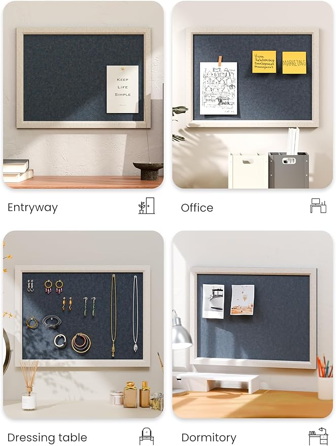 Fluxynara Felt Cork Board Alternative, Felt Bulletin Board 16" x 12" Oatmeal Frame with 8 Adhesive Tabs, Pin Board for Home Office, Classroom, Entryway, Kitchen Wall Decor—Navy Blue