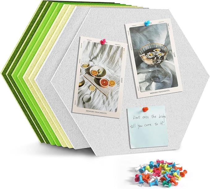 Uoisaiko 12" Large Bulletin Board with 30 Push Pins, Pack of 8 Hexagon Felt Pin Board Notice Boards for Home Office Kitchen, Felt Wall Tiles for Photos Memos (White Green)