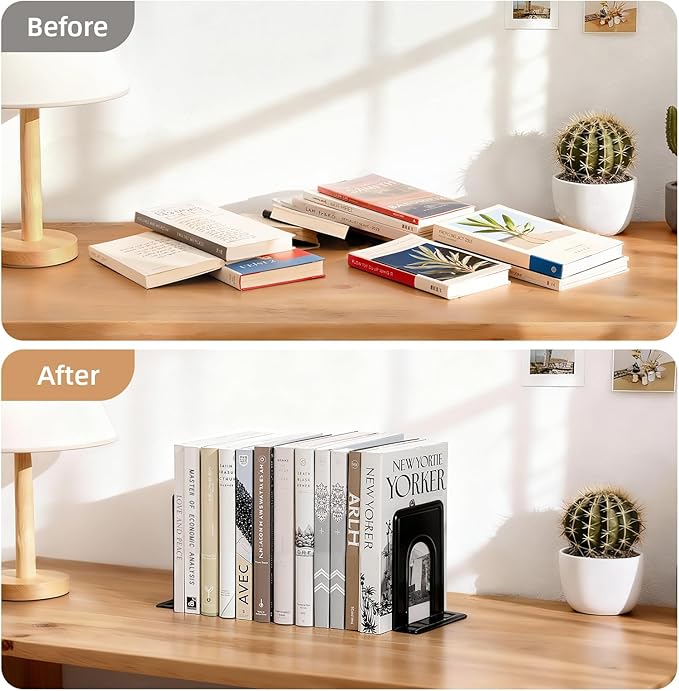 HappyHapi Book Ends, Metal Bookends for Shelves, Non-Skid Book End to Hold Books, Black Book Stopper/Holder for Office Home Kitchen, 5.7X 4.9 X 6.5 in, 3 Pair(6 Pcs, Large)