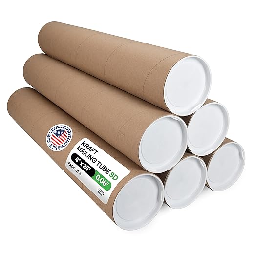 Cardboard Mailing Tubes, 4" x 24" with Plastic Caps, Pack of 6 - USA-Made USPS Approved Poster Tube for Documents & Blueprints - Reinforced Mailing Cylinders for Shipping & Storage by IDL Packaging