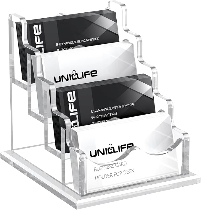 Uniclife Acrylic Business Card Holder for Desk 4 Slots Clear Horizontal Business Card Display Stand for Men & Women Desktop Name Card Organizer Card Stand for Office Home Exhibition, 240 Card Capacity