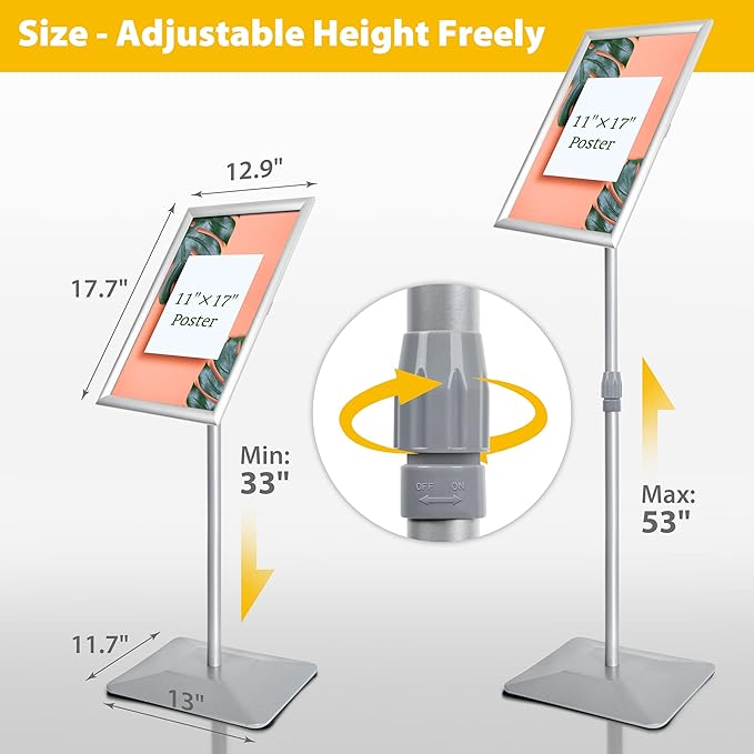 VAIIGO 11"x17" Pedestal Poster Stand with Heavy Duty Solid Steel Base, Adjustable Floor Standing Sign Holder for Vertical and Horizontal Display, Silver 3Pack