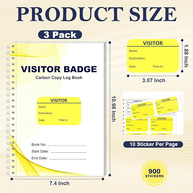 3 Pack of 900 Visitor Badges Stickers Visitor Log Book with Carbon Copy Visitor Pass Stickers with Carbonless Visitor Name Tags Guest Registry Log Book for School Business Church