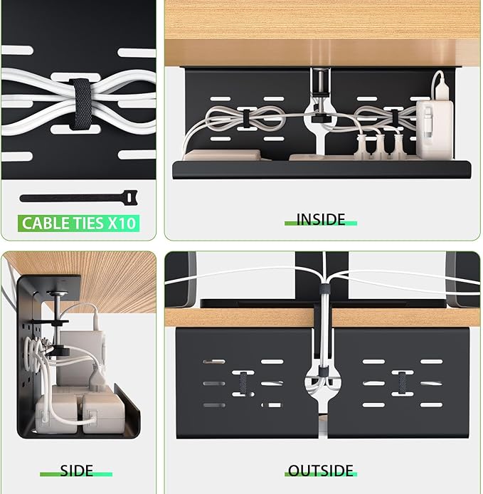 KEEGH 16" Under Desk Cable Management Tray, 2 Pack Desk Cord Organizer Upgrade Capacity, Drill Free Clamp/Screw Mount, Sturdy Metal Tray for Connect Cables, Home, Office, Black