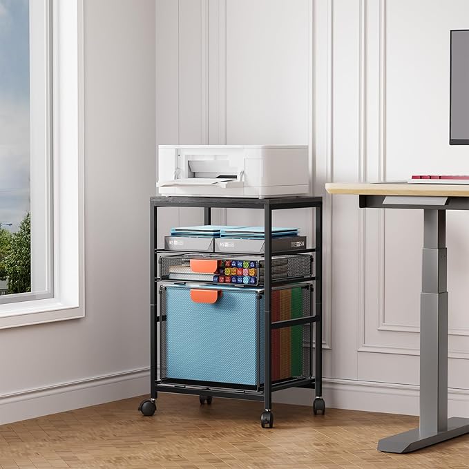 Marbrasse Rolling File Cart with Handle, Mobile File Cabinet on Lockable Wheels, Office Filing Cabinet Organizer, Printer Stand with Hanging File Folder Organizer for Home Office - Dark Brown