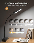 TROND LED Desk Lamp with Clamp Power Strip - Eye Caring Desk Light with 4 Surge Protector Outlet, 15 Lighting Mode, 6ft Flat Plug Extension Cord, Gooseneck for Home Office College Dorm Room Essentials