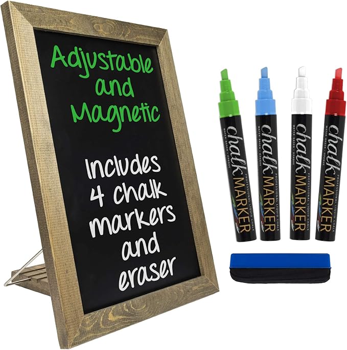 Excello Global Products Rustic Tabletop Chalkboard: Includes 4 Liquid Chalk Markers Magnetic Eraser - Adjustable Small Magnetic Board Kitchen Sign - Vintage Decoration Countertop Memo - 15"x11" Inches