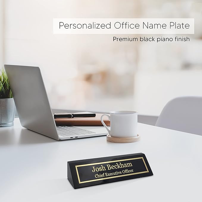 Engraving International Business Wood Name Plate for Desk | Customizable 2" x 8", Black Piano Finish Name Plaque | Classic Rosewood Design | Perfect for Office Decor & Professional Gifts