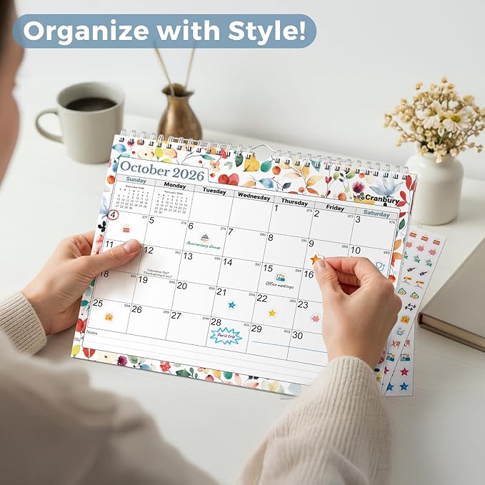 Cranbury 2026 Wall Calendar 12 Month, 8.5x11 Small Calendar for Wall or Desk, Thick Paper, Bonus Stickers and Note Sections, Monthly Seasonal Design, 2026 Planner 8x11