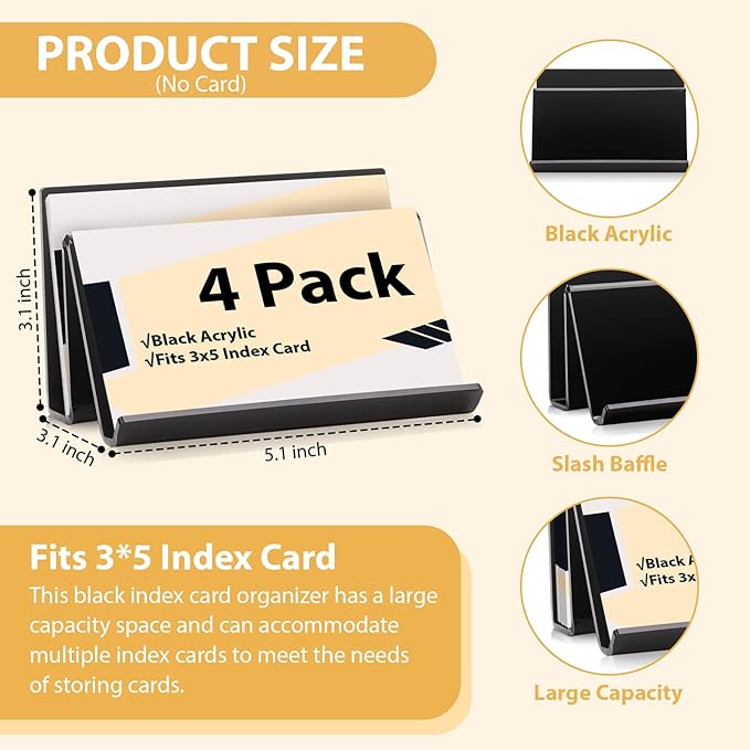 4 Pack 3x5 Index Card Display Holder Acrylic Cards Holder Stand Acrylic Business Card Holders Name Card Organizer Postcard Stand Display 200 Capacity for Studying Supplies No Card (Black, 4 Pack)