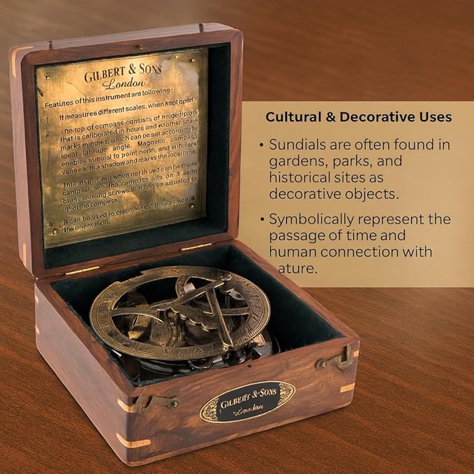 Top Grade 5-Inch Sundial Vintage Nautical Marine Compass with Wooden Box Antique Brass Sun Clock for Decoration, Navigation, Gifts Ship Replica Maritime Compass