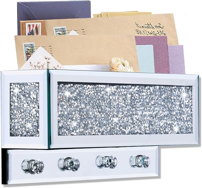 WALTSOM Crushed Diamond Key and Mail Holder for Wall, Crystal Mail Organizer Wall Mount, Mirror Mail and Key Holder Wall Mount for Entryway and Home Decor
