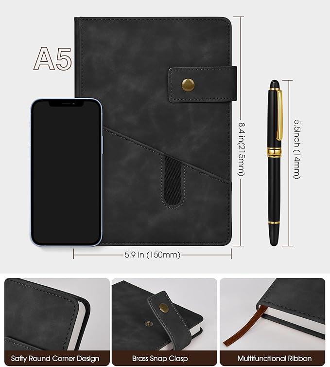 vfaejll Black A5 Lined Leather Journal Notebook for Men Women,5.9" X 8.4" Personalized Hardcover Journal with Pen,200 Pages 100 Gsm Thick Ruled Paper Daily Diary for School,Travel,Work,Writing