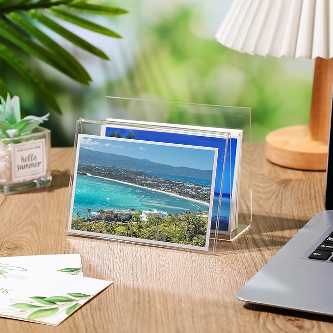 Vicenpal 12 Pcs Clear Acrylic Postcard Holder Business Card Holder Greeting Card Display Clear Business Card Stand Rack for Index Card Organizer Desk Table Home Office School, 6 x 4.25 x 4.5 Inch
