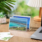 Vicenpal 12 Pcs Clear Acrylic Postcard Holder Business Card Holder Greeting Card Display Clear Business Card Stand Rack for Index Card Organizer Desk Table Home Office School, 6 x 4.25 x 4.5 Inch