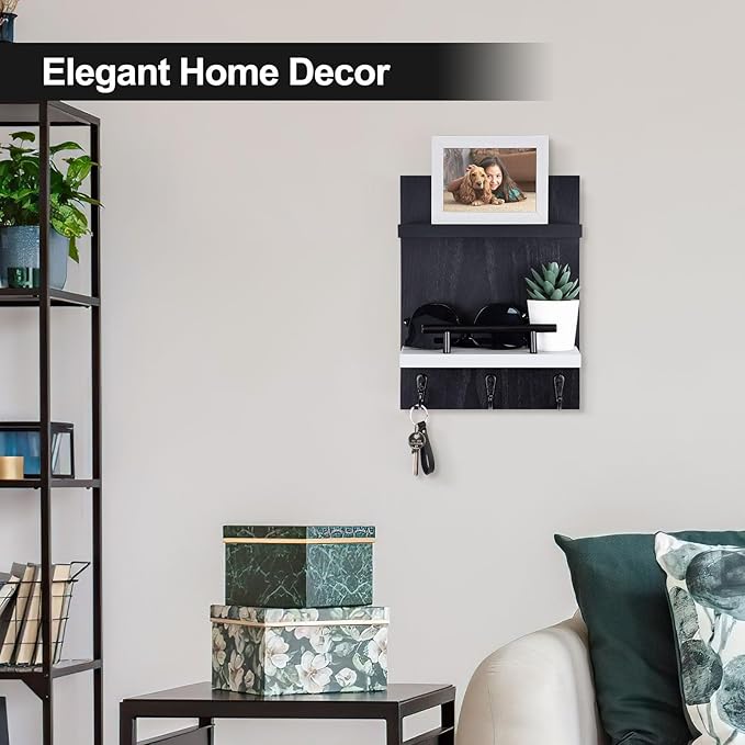 Key Holder Wall Mount, Key Holder With 2 Display Shelf, 3 Hooks for Key, Coat, Dog Leash, Key Hanger with Hook for Mail, Potted Plant, Farmhouse Mail Holder, Entry Way Organizer (Black & White)