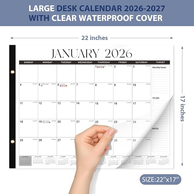 2026 Desk Calendar 22'' x 17'', Large Monthly Desktop Calendar, 18 Months Desk Pad (Jan. 2026 - Jun. 2027) for Home School Office Supplies (Black & White)