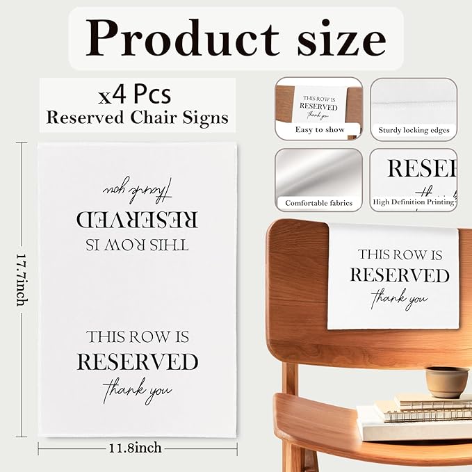 ChissNook Reserved Seating Chair Signs, This Row Is Reserved Pew Cloths Seating Placeholder for Church Pews, Wedding Decorations for Reception Parties Celebrations Event Meetings (White, 4 PCS)