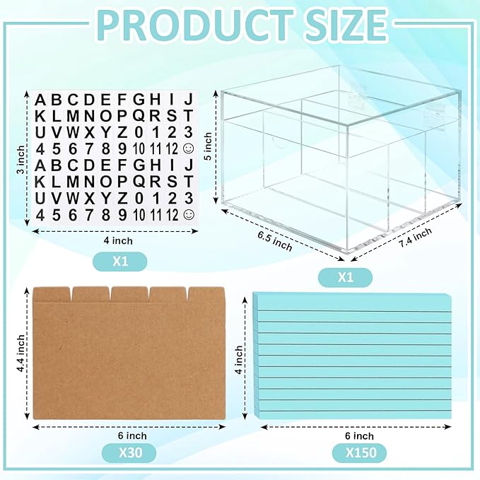 4x6 Index Card Holder Acrylic Index Card Organizer Clear Index Card Box Flash Card Holder with 5 Index Card Dividers Recipe Cards Holder Notecard Storage Box 150 Ruled Cards Stickers For Office Desk