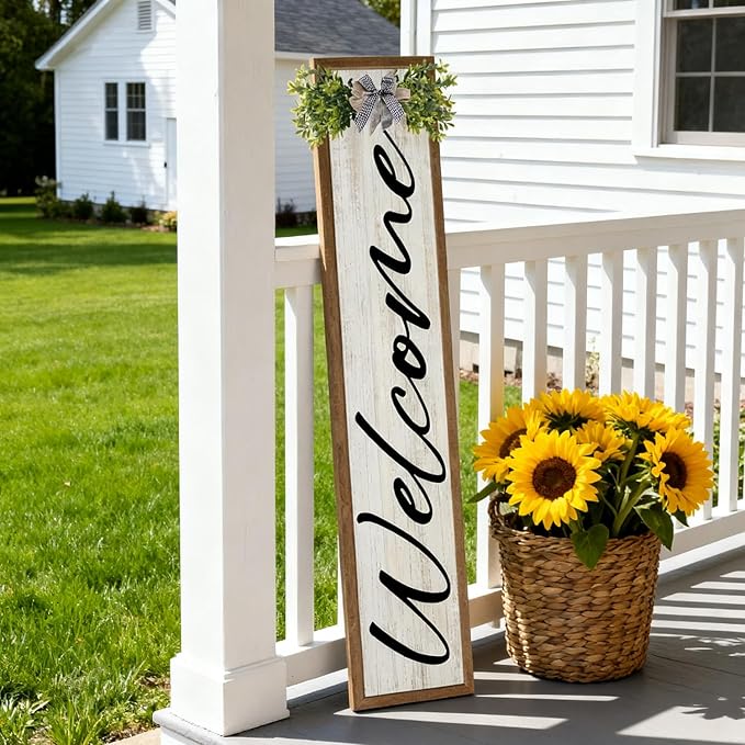 Double-sided Welcome to Our Home Wooden Sign Stand with Magnetic-adhesive Wreath for Front Door, 47" Vertical Farmhouse Welcome Porch Sign for Outdoor Patio Garden, 2in1 Large Tall Porch Leaner Decor