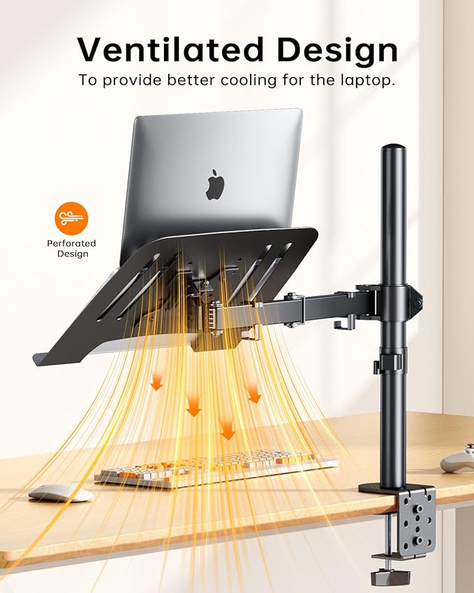 H&C(hcck&Cllassp) Laptop Desk Mount for 11"-17" Notebook, Fully Adjustable with Tilt, Swivel, Rotation, Extension, Single Laptop Arm with Vented Tray, C-clamp, Black