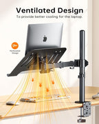 H&C(hcck&Cllassp) Laptop Desk Mount for 11"-17" Notebook, Fully Adjustable with Tilt, Swivel, Rotation, Extension, Single Laptop Arm with Vented Tray, C-clamp, Black