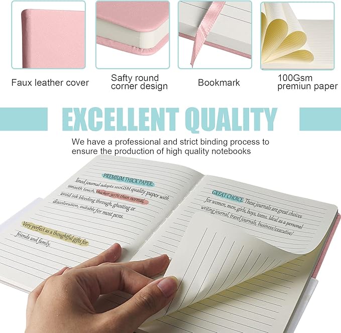 EMOMAS Lined Journal Notebook, 10Pack Hardcover Notebook for Men & Women – Journals for Writing, Work, School, Home & Daily Notes, 160 Pages – Medium A5, 5.7"x8", 100 gsm Thick Paper (Pink)
