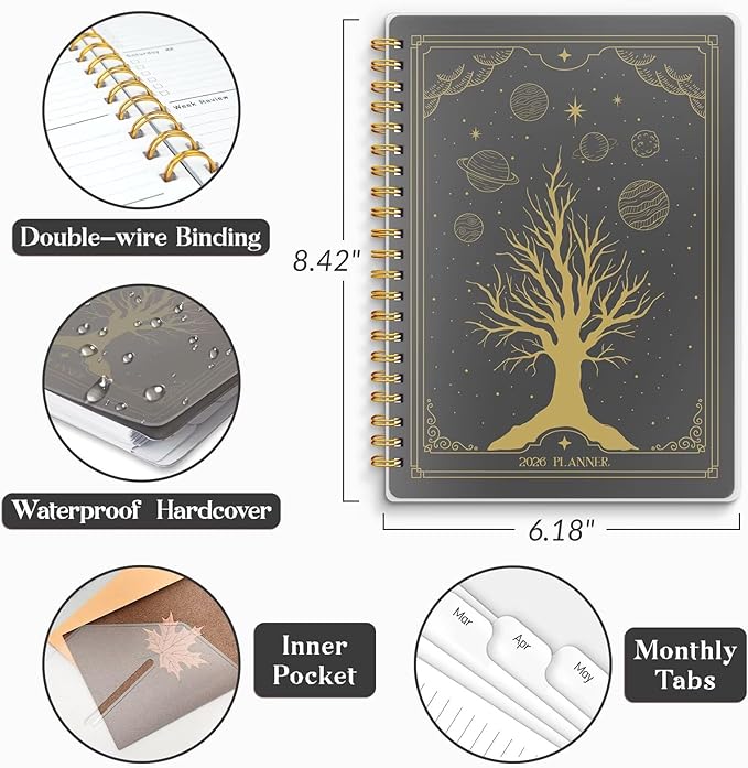 2026 Planner, Weekly and Monthly Planners with Tabs, A5 Spiral Bound Daily Calendar 2026 Planner, 12 Month Agenda Organizers from Jan. to Dec., Flexible Cover Appointment Book(Tarrow Tree)