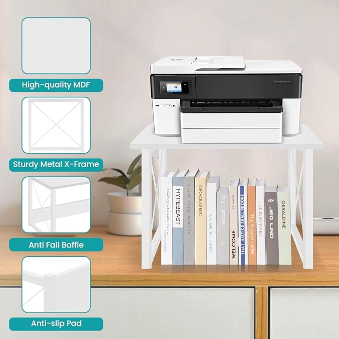 ELITEROO Desktop Printer Stand with Storage, Printer Stand Shelf Desk Organzier for Home/Office, Modern Wood Printer Riser Under Desk Small Table for Printer Fax Machine Copier Scanner (White)