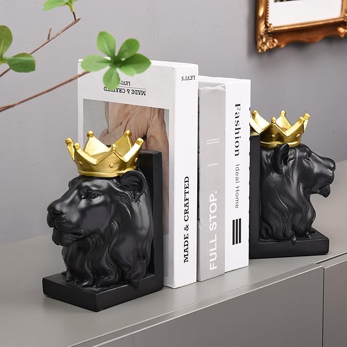 Kakizzy Book Ends Decorative, Lion Bookends for Shelves, Animal Book Stopper Decorative, Modern Book Ends for Heavy Books, Lion Figurines Statues Indoor, Unique Book Lover Gift(Black Lion)