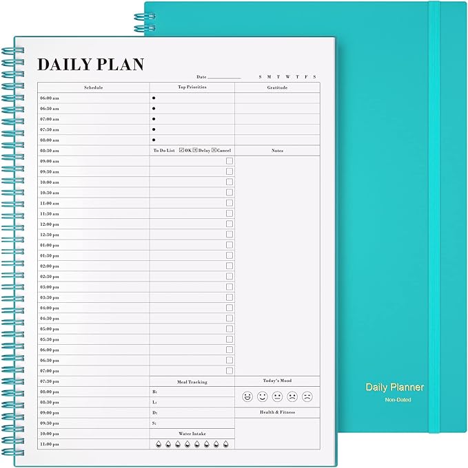 Planner Undated, Asten Daily Planner Agenda with to Do List, Hourly Schedules for Women and Men, Spiral Appointment Book with Elastic Closure, Inner Pocket 8.5" x 11" (Blue)