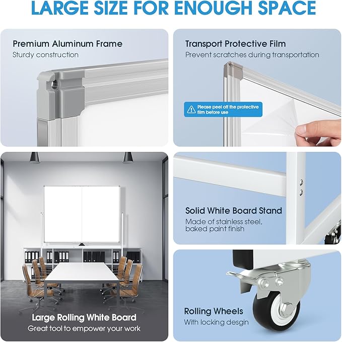 MaxGear Rolling Whiteboard on Wheels, 48" x 36" Large Magnetic Dry Erase Board with Stand, 4' x 3' Mobile Whiteboard with Aluminium Frame and Magnetic Surface for Office, School