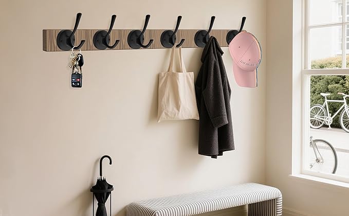 TOFIIGREM Black Wall Hooks, 6 Pack Coat Towel Hook Heavy Duty Metal Double Bath Robe Hook Wall Mounted, Hat Hooks for Cubicle Bathroom Kitchen Closet Garage