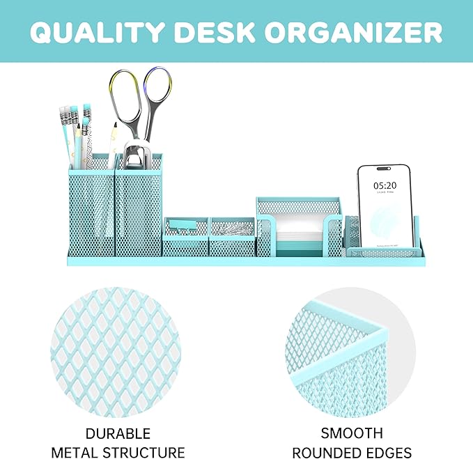 SUPEASY Pen Holder for Desk, 6 Piece Mesh Desk Organizer set for Office Organization with Mail Organizer, Letter Phone Holder, Sticky Notes Caddy Storage, Blue