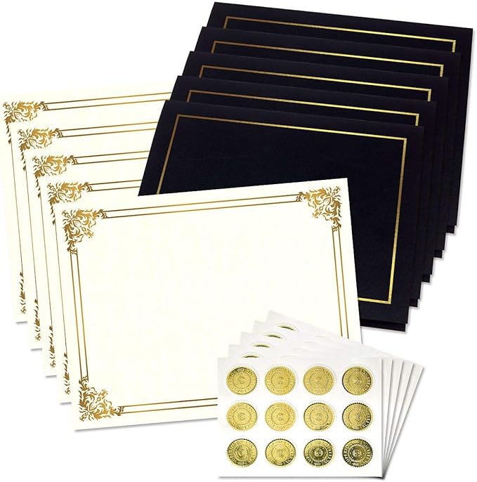 Ornate Empire Award Certificate Collection - Includes 25 Certificate Papers (White/Gold), 25 Heavy Linen Folders (Black/Gold), 25 Gold Foil Seals, Laser & Inkjet Printer Compatible