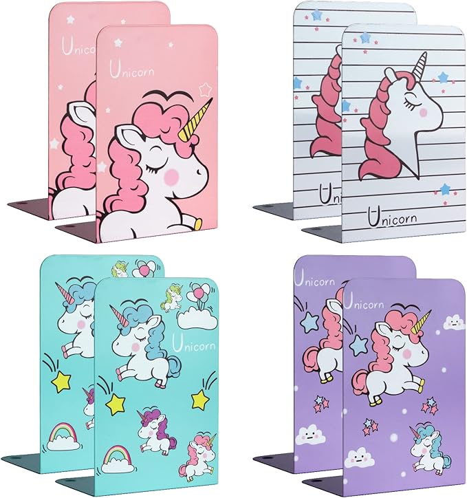 Zyners 8 Pieces Bookends, Metal Bookends for Shelves, Non-Skid Heavy Duty, Unicorn Cute Book Ends for Kids, Girls, Children(5.3 x 4 x 7.5 inches)