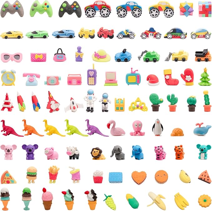 CLOCK KING 90pcs 3D Cute Kids Erasers, Random Desktop Pet Toys Gifts, Classroom Rewards Kids Party Gifts, Various Styles Such as Animals, Food, Plants, Space, Princess, Sports, Halloween, Christmas