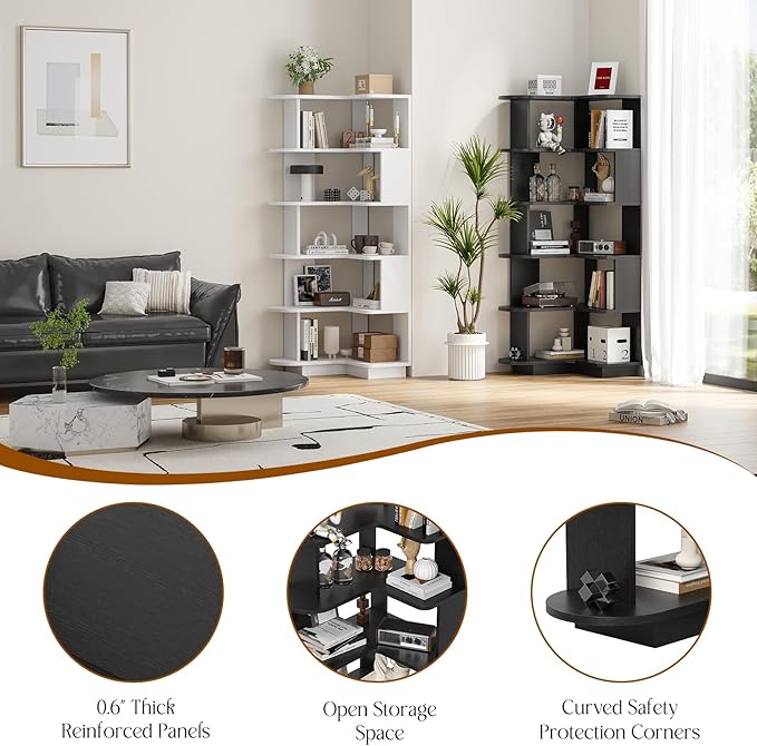 Farini 5-Tier Corner Bookshelf,L-Shaped Bookcase Freestanding Storage Shelf & Display Stand for Living Room, Office, Bedroom,Black