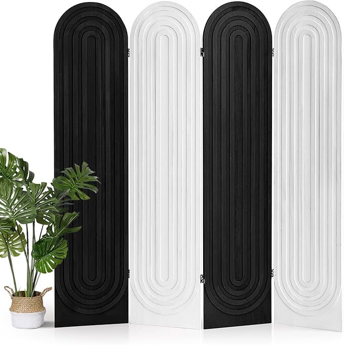 Asnefeli Room Divider 4 Pnale, Folding Privacy Screen, Foldable Wood Arched Room Divider Wall, Portable Partition Screen, Partition Divider for Room Separation for Home Office Bedroom, Black/White