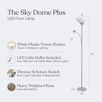 Brightech Sky Dome Plus LED Floor lamp, Torchiere Super Bright Floor Lamp with Reading Lamp for Living Rooms & Offices - Dimmable Tall Standing Lamp for Bedroom Reading - Silver