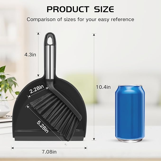 NACENA Mini Broom and Dustpan Set, Small Dust Pan and Brush Set with Handle Dustpan Teeth for Cleaning Hair Suitable for Office Desks Drawers Sofas Outdoor Camping, Black