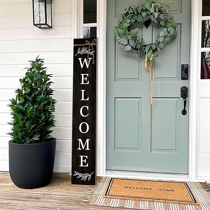 Welcome Porch Sign Decor Wooden Hanging Sign Door Porch Standing Decorative Signs Plaques for Front Door Farmhouse Outdoor Indoor Welcome Sign 47.2"H（black）