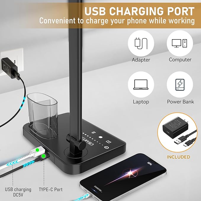 CHARYJOD Retractable Dimmable LED Desk Lamp with USB Charging Port, 50 Lighting Modes Dual Swing Arm Architect Adjustable Table Lamp Light Desk Lamp for Home Office Dorm Piano Nail, Black