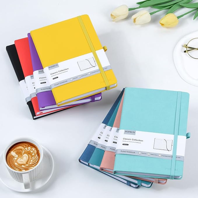 POPRUN A5 Lined Journal Notebooks, 8 Pack Leather Hardcover Thick Notebook for Writing, Business Work, Travel, School, College, 5.5 x 8.3 inch, 240 Pages Classic Ruled Journals Notepad, Multicolored