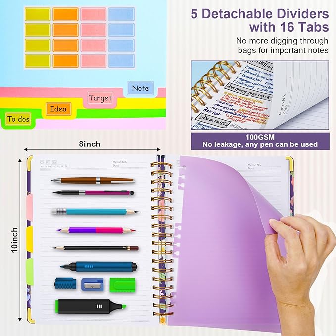 Spiral Journal Notebooks for Work, 300 Pages 5 Subject Notebook College Ruled with Dividers & Tabs, 8''x 10'' Large Notebook Journal for Women Students Note-Taking and Organizer (Purple Floral)