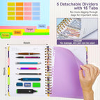 Spiral Journal Notebooks for Work, 300 Pages 5 Subject Notebook College Ruled with Dividers & Tabs, 8''x 10'' Large Notebook Journal for Women Students Note-Taking and Organizer (Purple Floral)