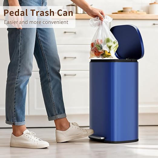 PayLessHere Stainless Steel Trash Can with Lid - Removable Inner Bucket, Foot Pedal Soft Close for Office, Home, Kitchen Garbage Bin (Deep Blue, 13 G)