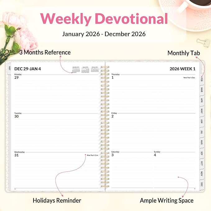 SUNEE 2026 Planner, Weekly and Monthly Calendar Planner, January 2026-December 2026, Daily Agenda with Tabs, Note Pages, Spiral Binding, 8.5"x11", Watercolor Flowers