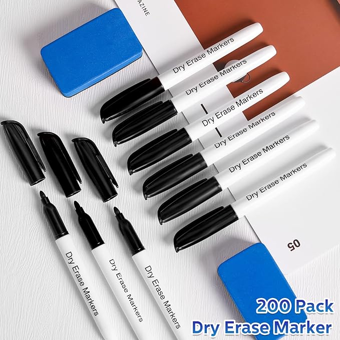 Thenshop 200 Pack Dry Erase Markers Bulk with 4 Magnetic Erasers Fine Tip Dry Erase Markers Whiteboard Pens Bulk for Office Supplies(Black)